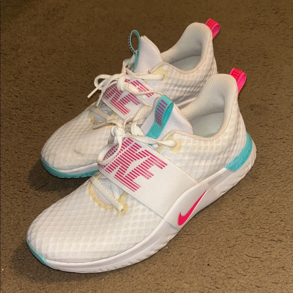 Nike Women’s Renew - White and Pink Sneakers with Teal Accents
